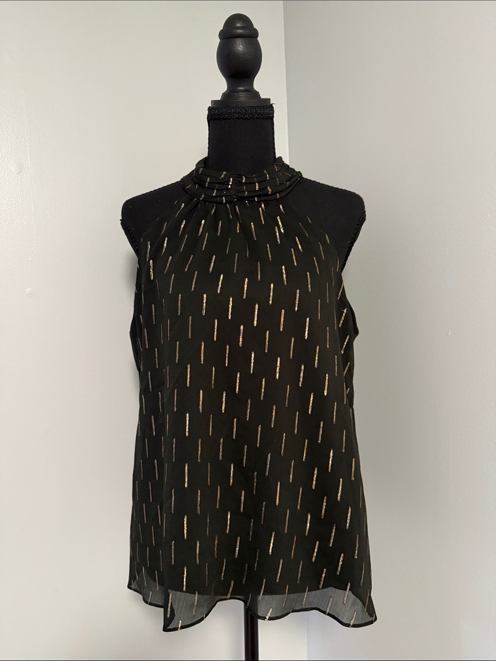 nine britton Black Sleeveless Tank with Gold Metallic Accents